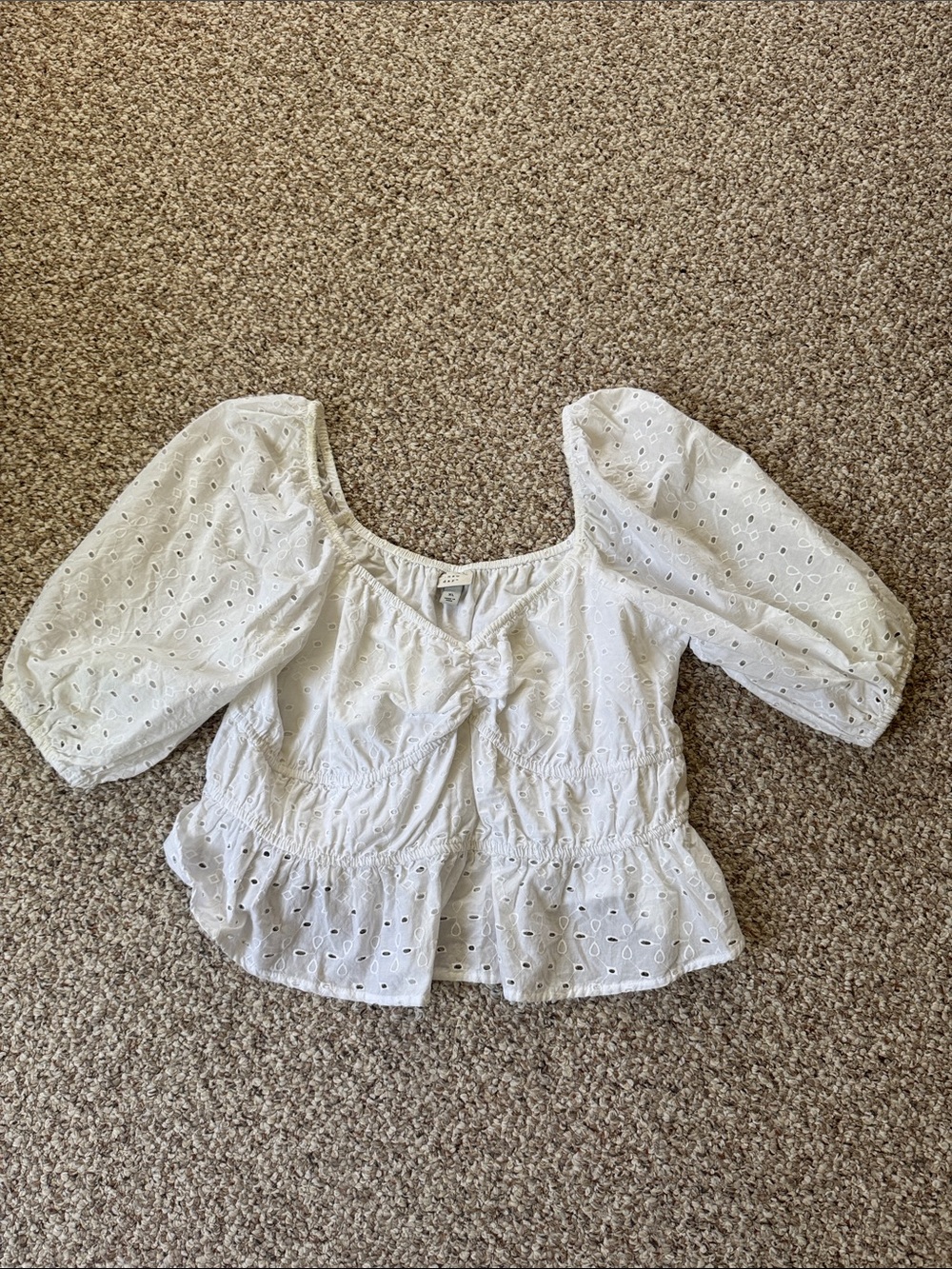White Eyelet Peasant Blouse with Puff Sleeves